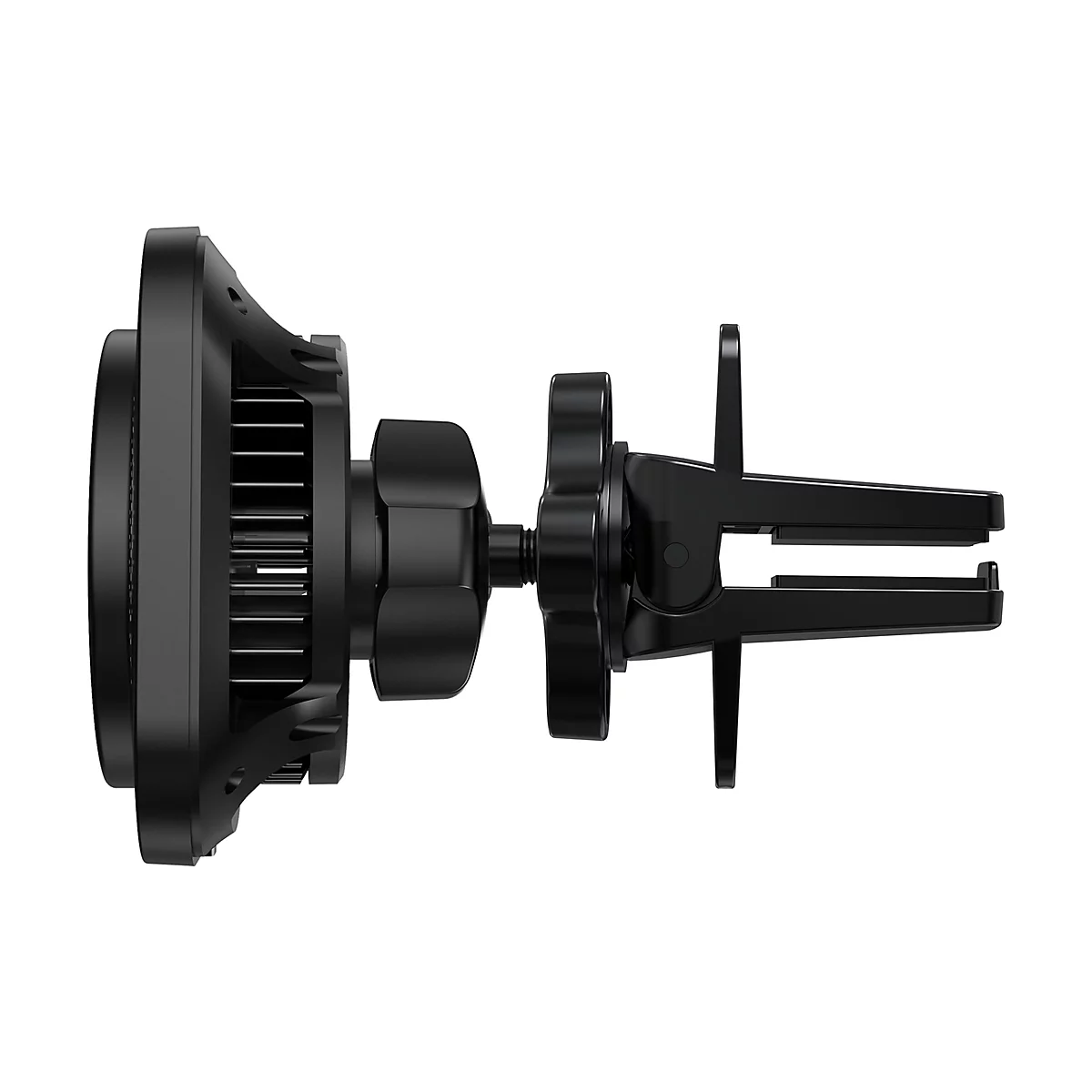 Support de téléphone portable noir pour voiture, vue détaillée. Le support est fixé à la ventilation.