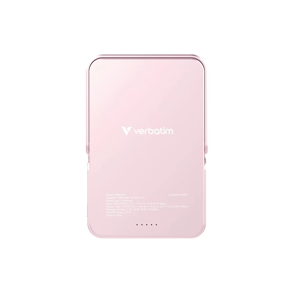 Hellrosa Powerbank mit abgerundeten Ecken, Verbatim Logo, technische Daten.