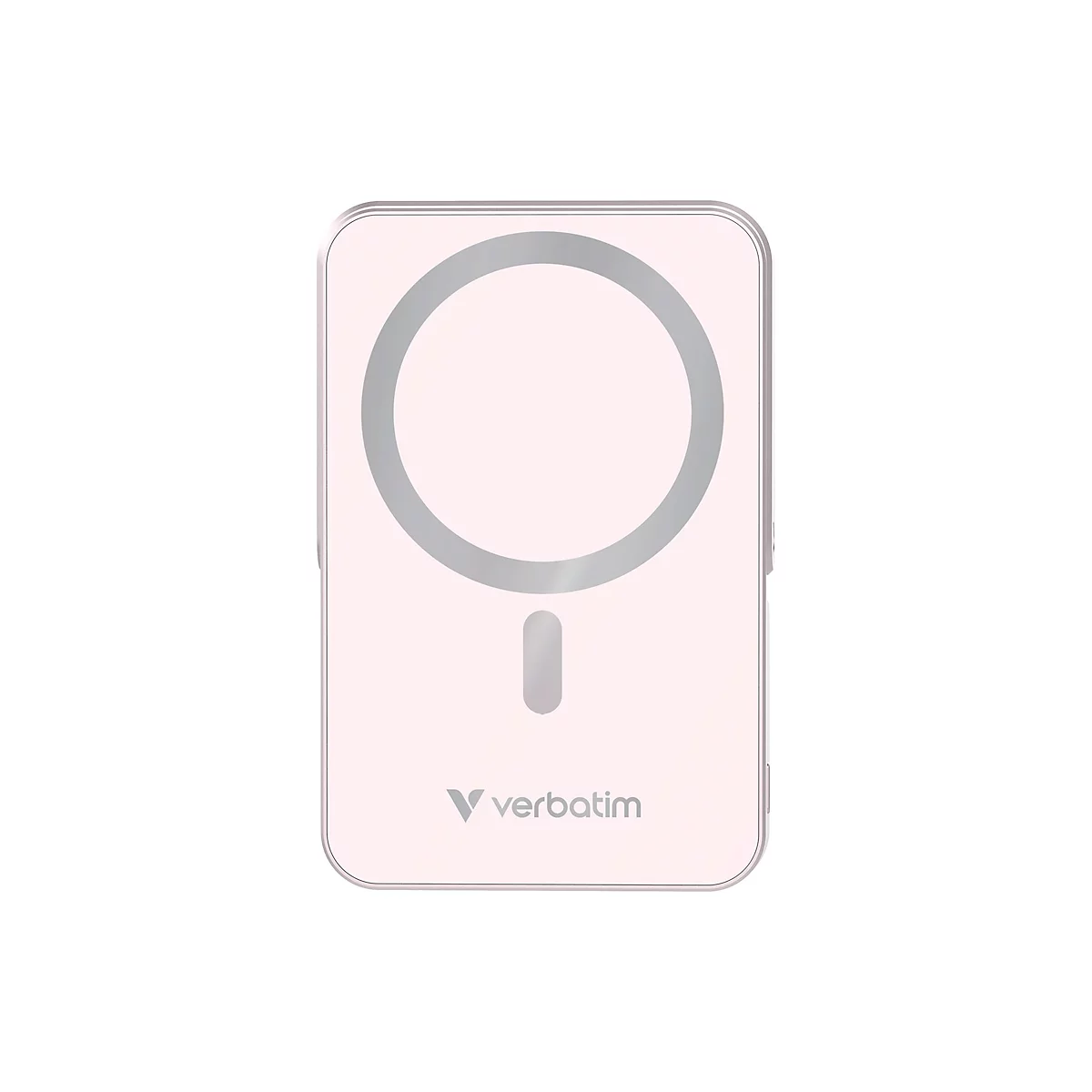 Batterie externe rose clair avec cercle et tiret argentés. Logo 'Verbatim'.