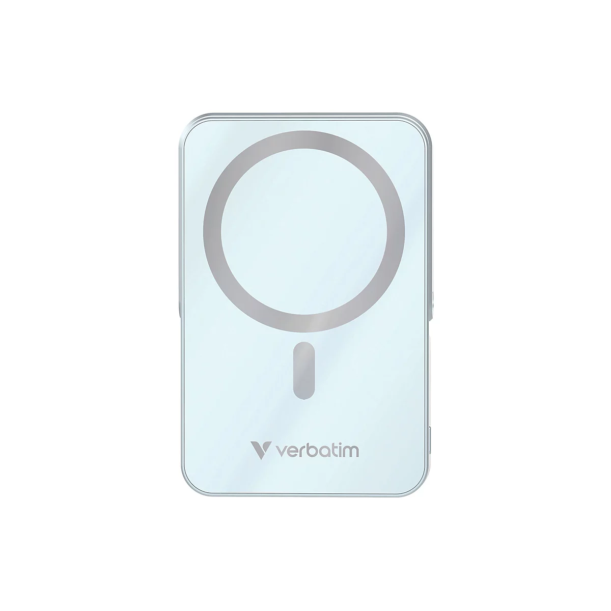 Un chargeur rectangulaire bleu clair avec un cercle gris clair et une barre en dessous. Le mot 'verbatim' est placé au centre en bas.