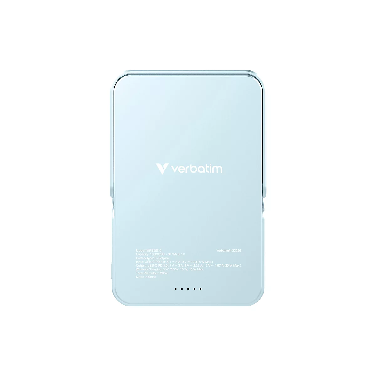 Un chargeur rectangulaire bleu clair avec des coins arrondis, sur un fond blanc. Le texte 'V verbatim' et les spécifications techniques y sont visibles.