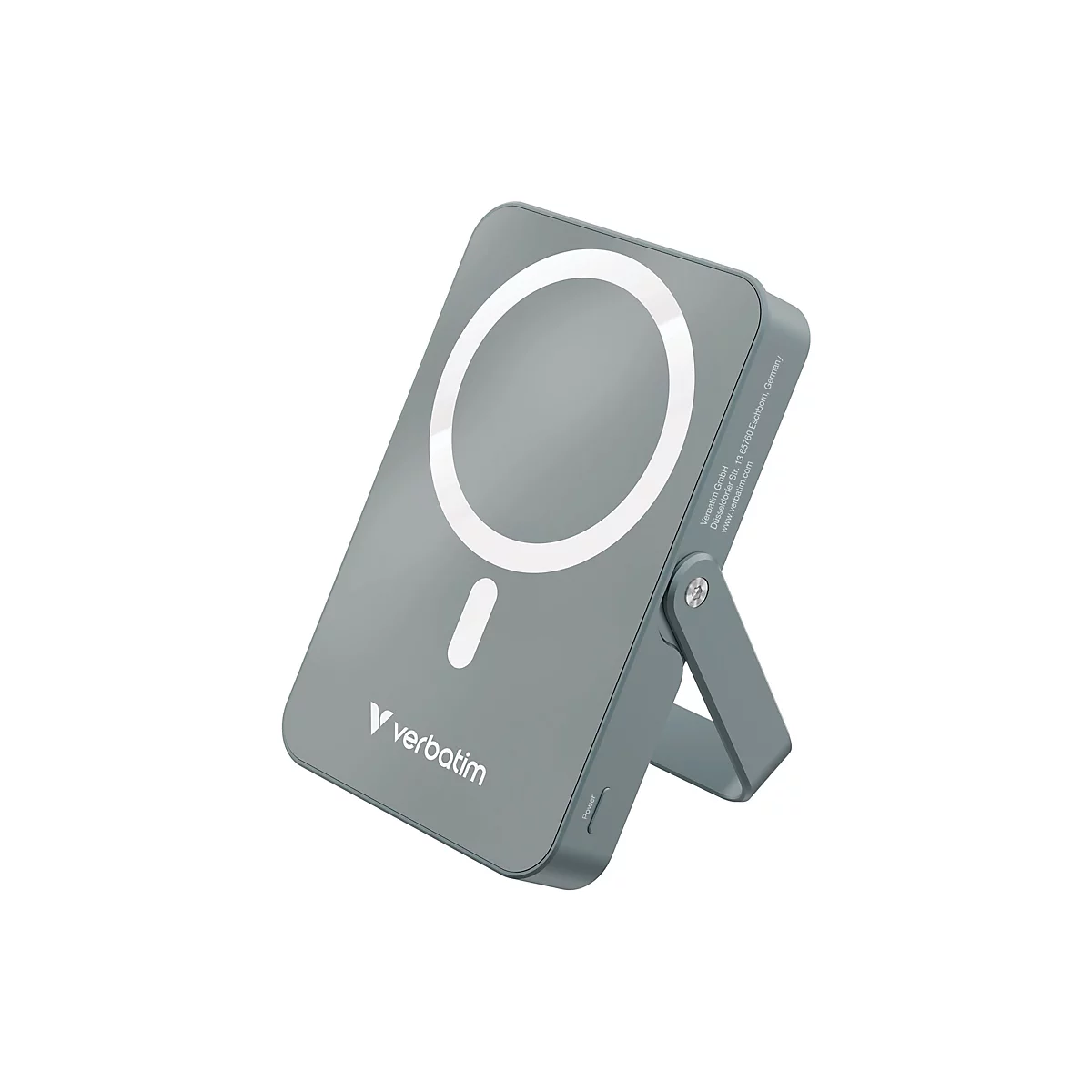 Chargeur sans fil gris et angulaire avec forme circulaire blanche, logo Verbatim.