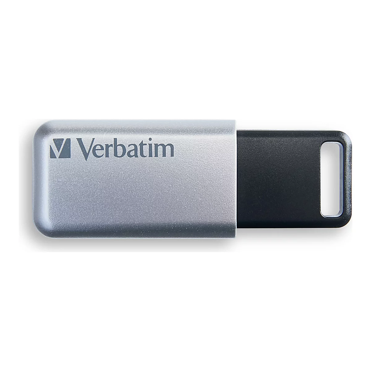 Une clé USB argentée avec l'inscription "Verbatim" et une prise noire.