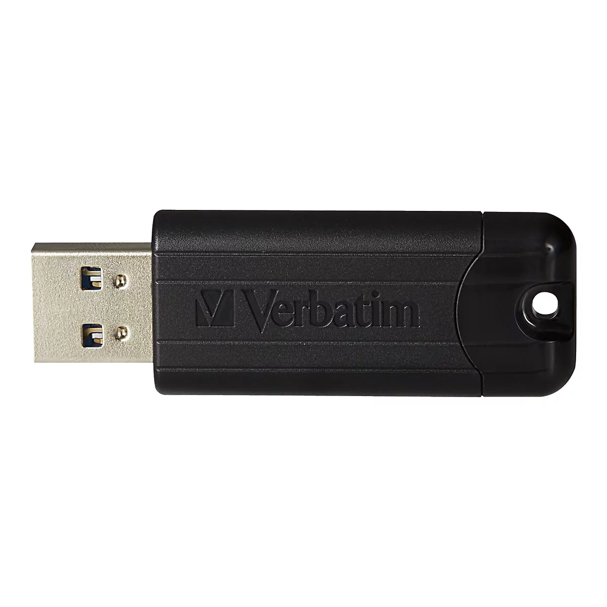 Clé USB noire avec logo Verbatim, sur fond blanc. Il y a un trou à l'extrémité.
