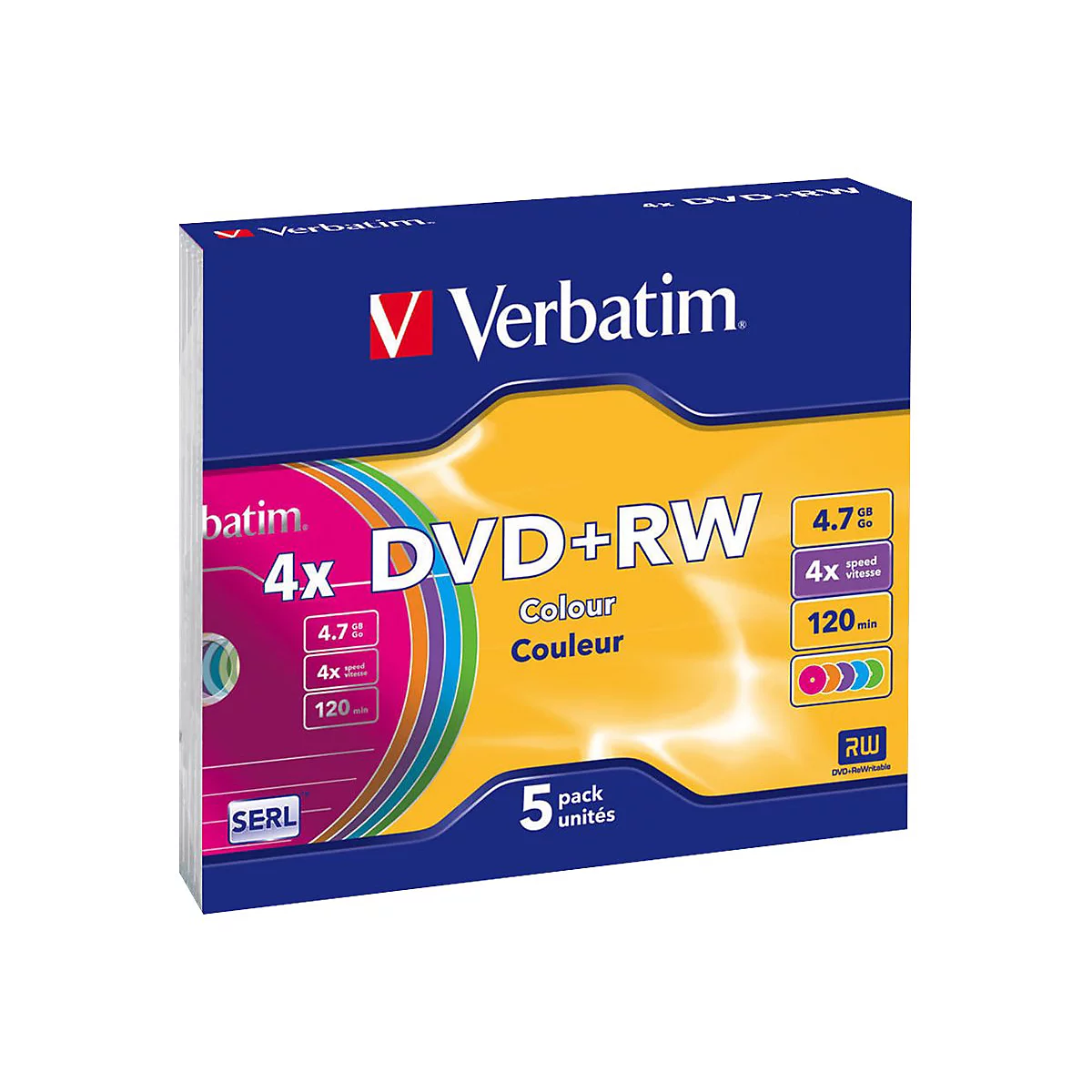 Verbatim DVD+RW 5er Pack. Blaue Verpackung mit Aufdruck.