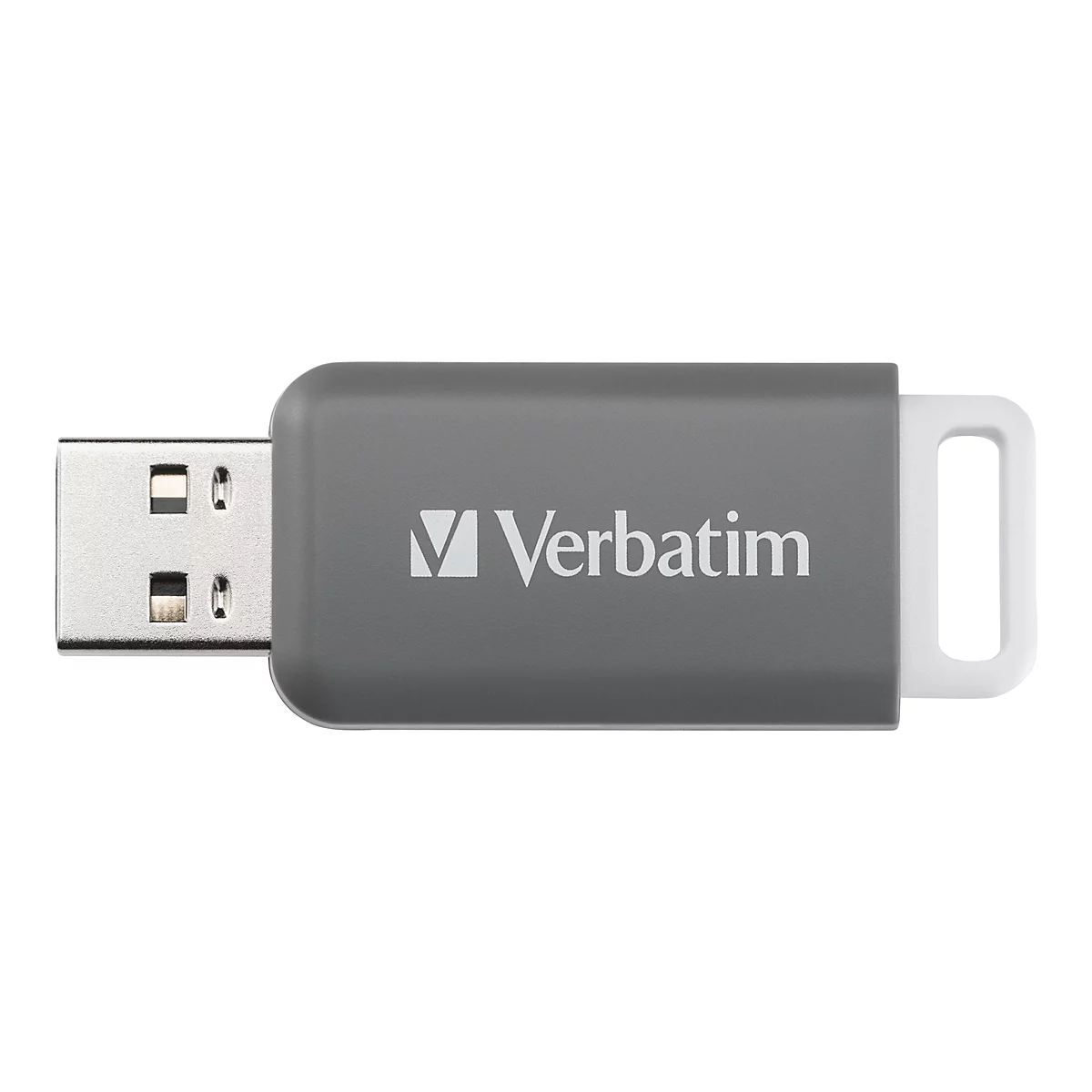 Grauer Verbatim USB-Stick vor weißem Hintergrund.
