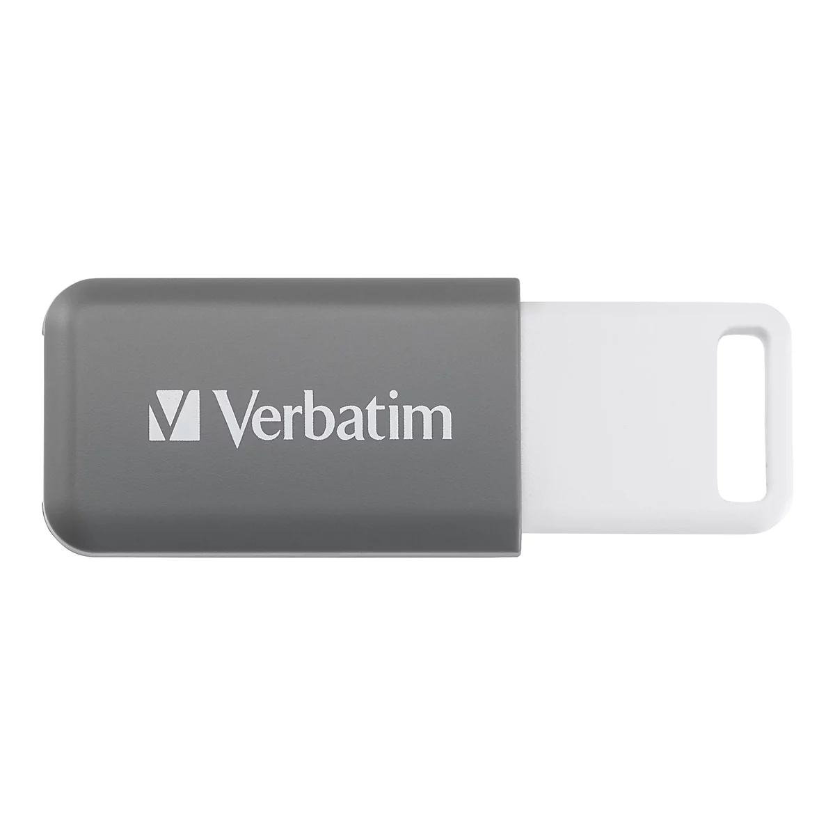 Grauer Verbatim USB-Stick mit weißer Schutzkappe und Öse auf weißem Hintergrund.
