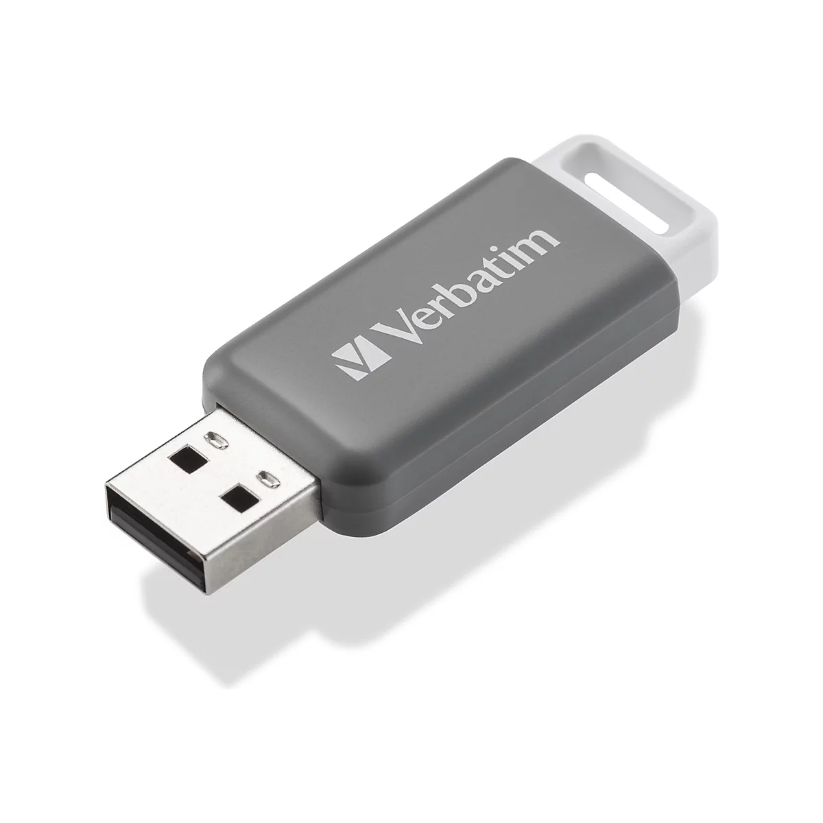 Ein grauer Verbatim USB-Stick mit weißer Öse vor weißem Hintergrund.