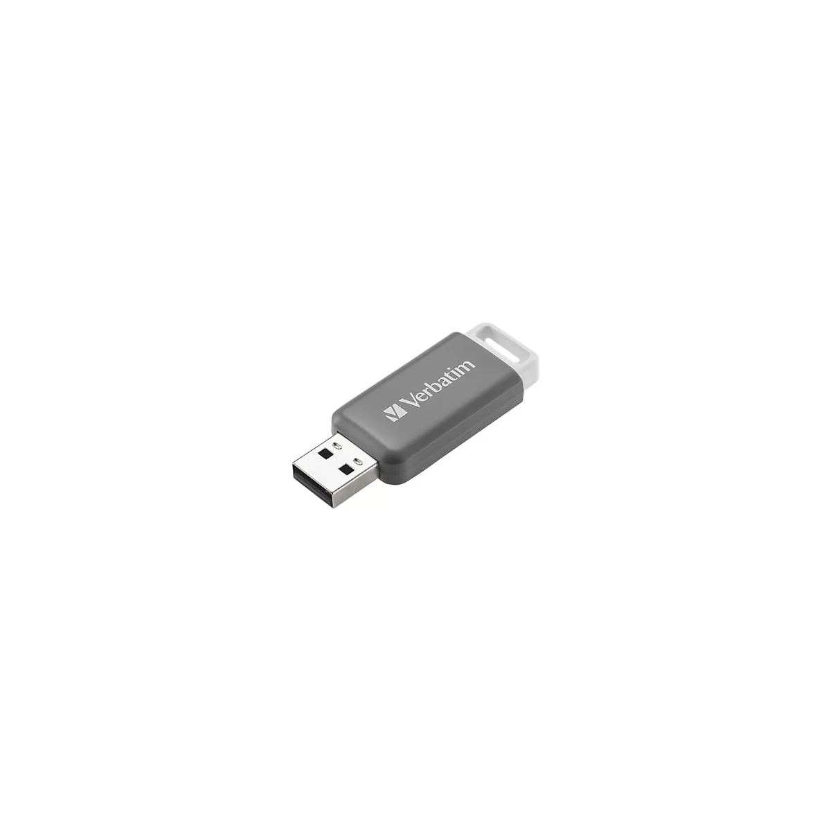 Grauer Verbatim USB-Stick mit weißer Öse vor weißem Hintergrund.