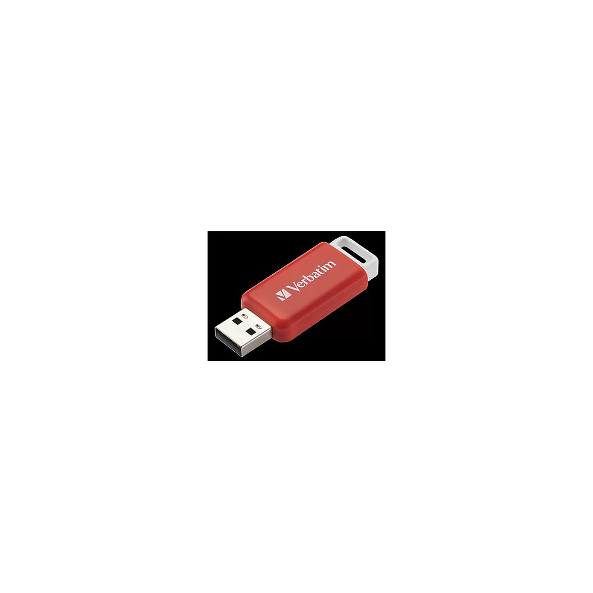 Roter Verbatim USB-Stick vor schwarzem Hintergrund mit weißem Logo und Öse.