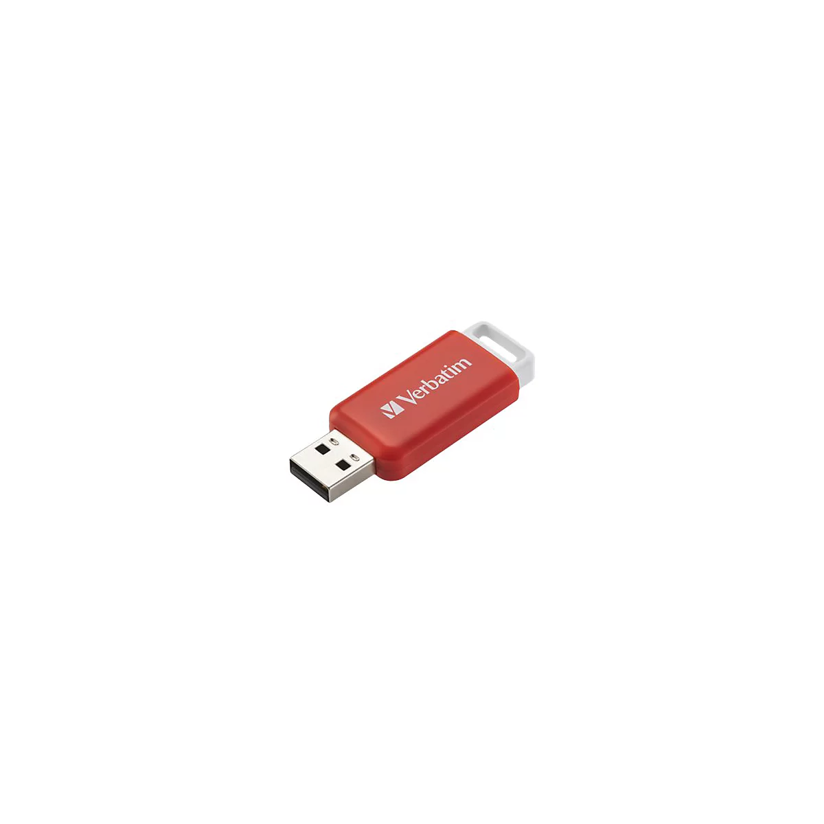Roter Verbatim USB-Stick vor weißem Hintergrund mit weißer Öse am Ende.