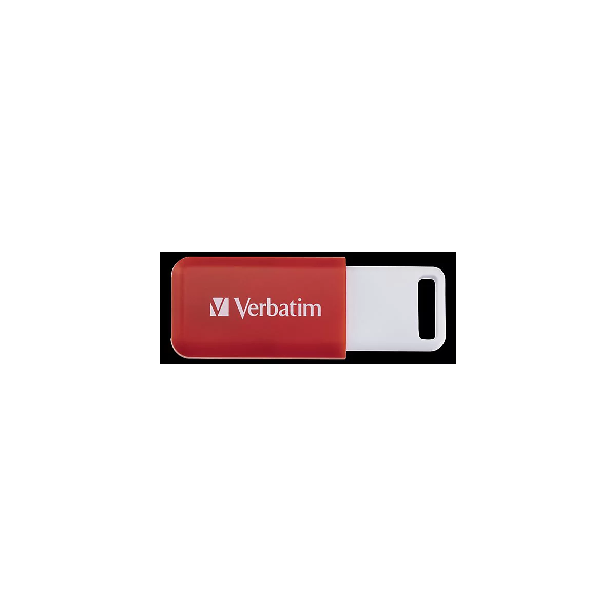 Roter Verbatim USB-Stick mit weißem, ausziehbarem Steckergehäuse vor schwarzem Hintergrund.