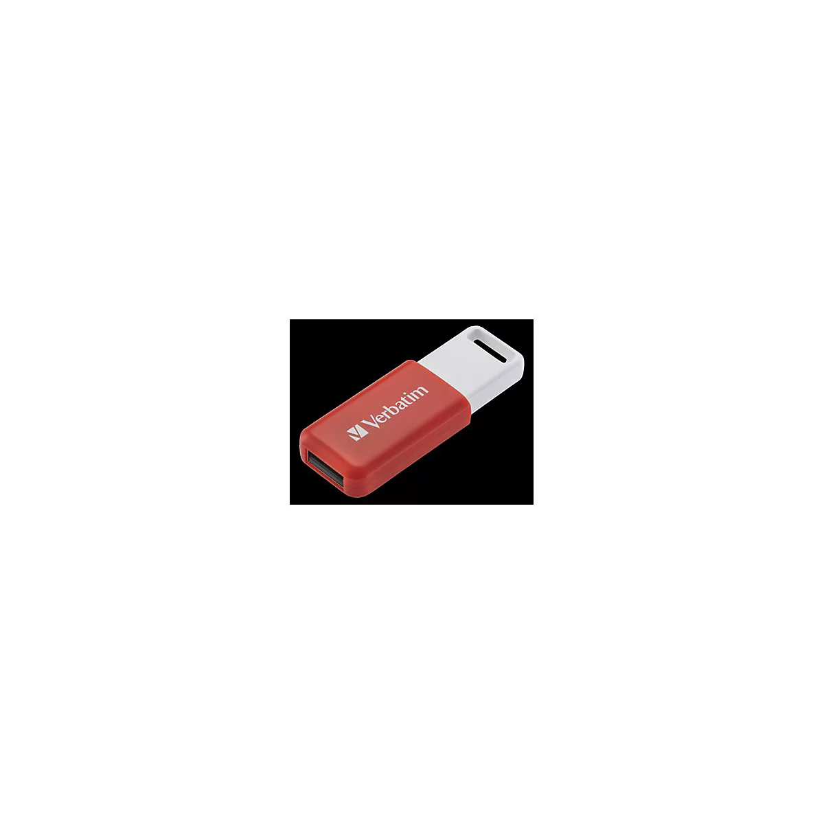 Roter Verbatim USB-Stick mit weißer Kappe und Öse vor schwarzem Hintergrund.