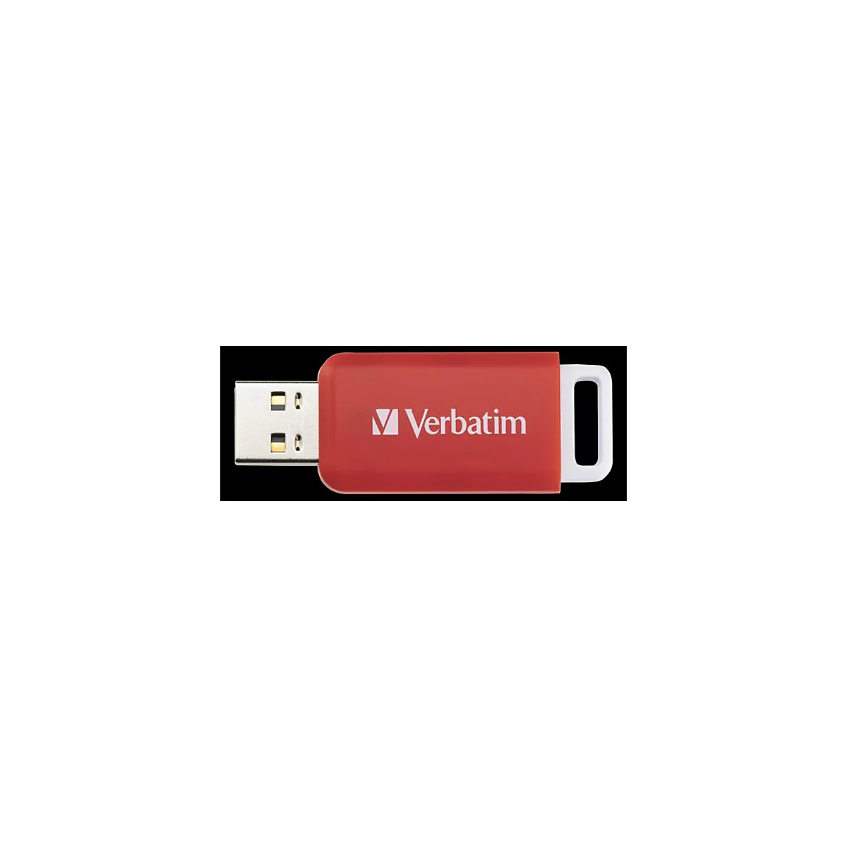 Roter Verbatim USB-Stick vor schwarzem Hintergrund.