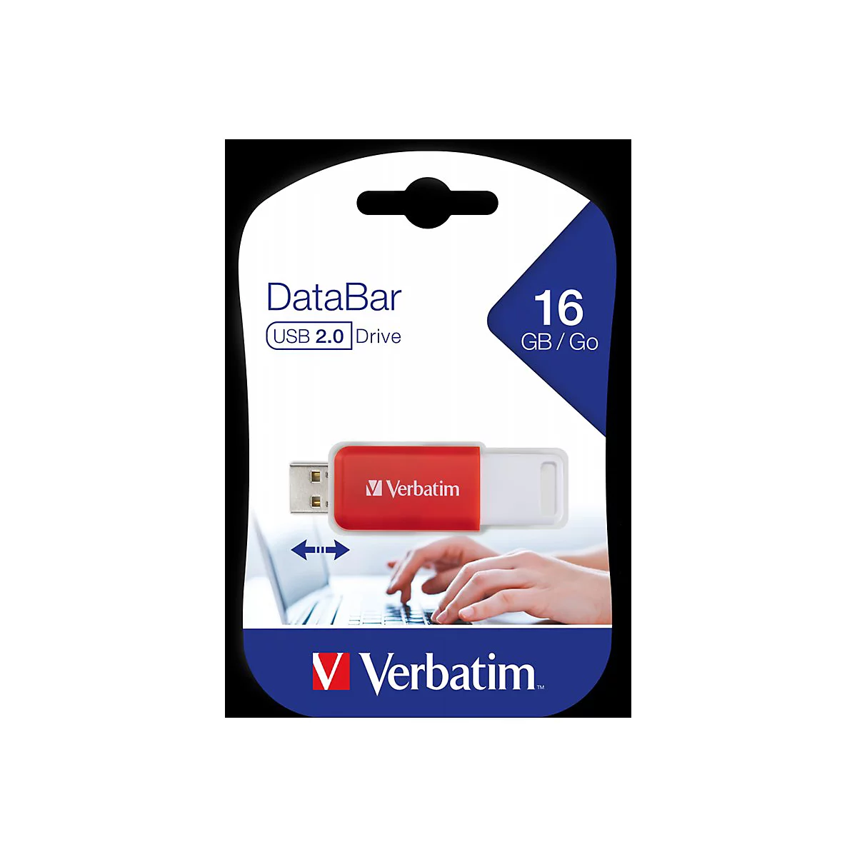 Verbatim DataBar USB 2.0 Drive, rot-weiÃŸ, 16 GB. Inkl. HÃ¤nden Ã¼ber Laptop-Tastatur.