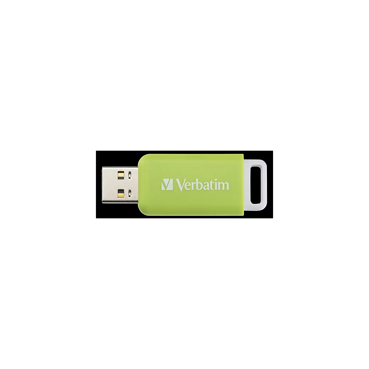 Ein hellgrüner Verbatim USB-Stick mit weißer Öse vor schwarzem Hintergrund.