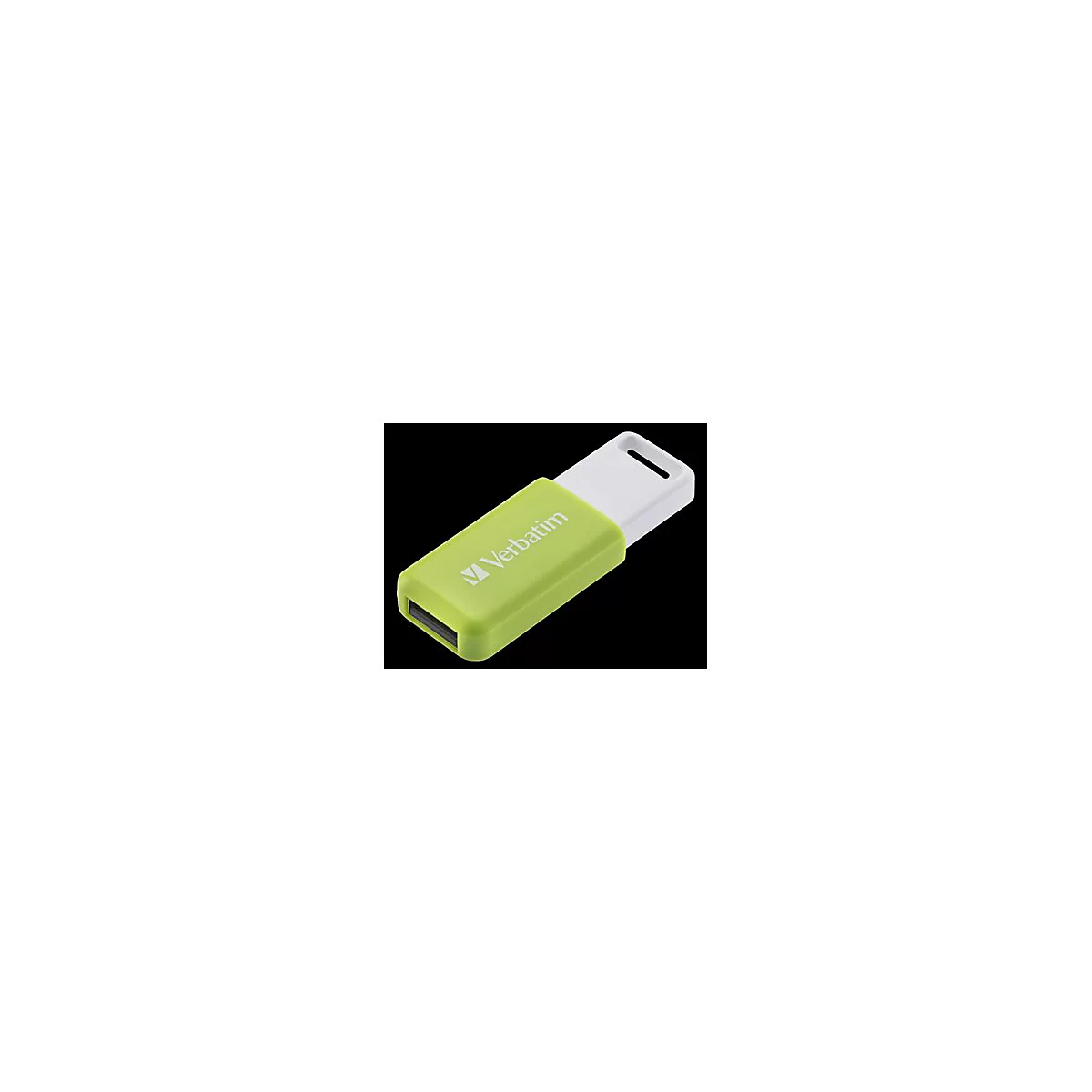 Verbatim USB-Stick in Hellgrün und Weiß vor schwarzem Hintergrund.