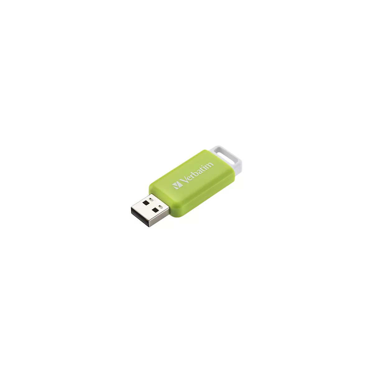 Ein hellgrüner Verbatim USB-Stick mit weißer Öse vor weißem Hintergrund.