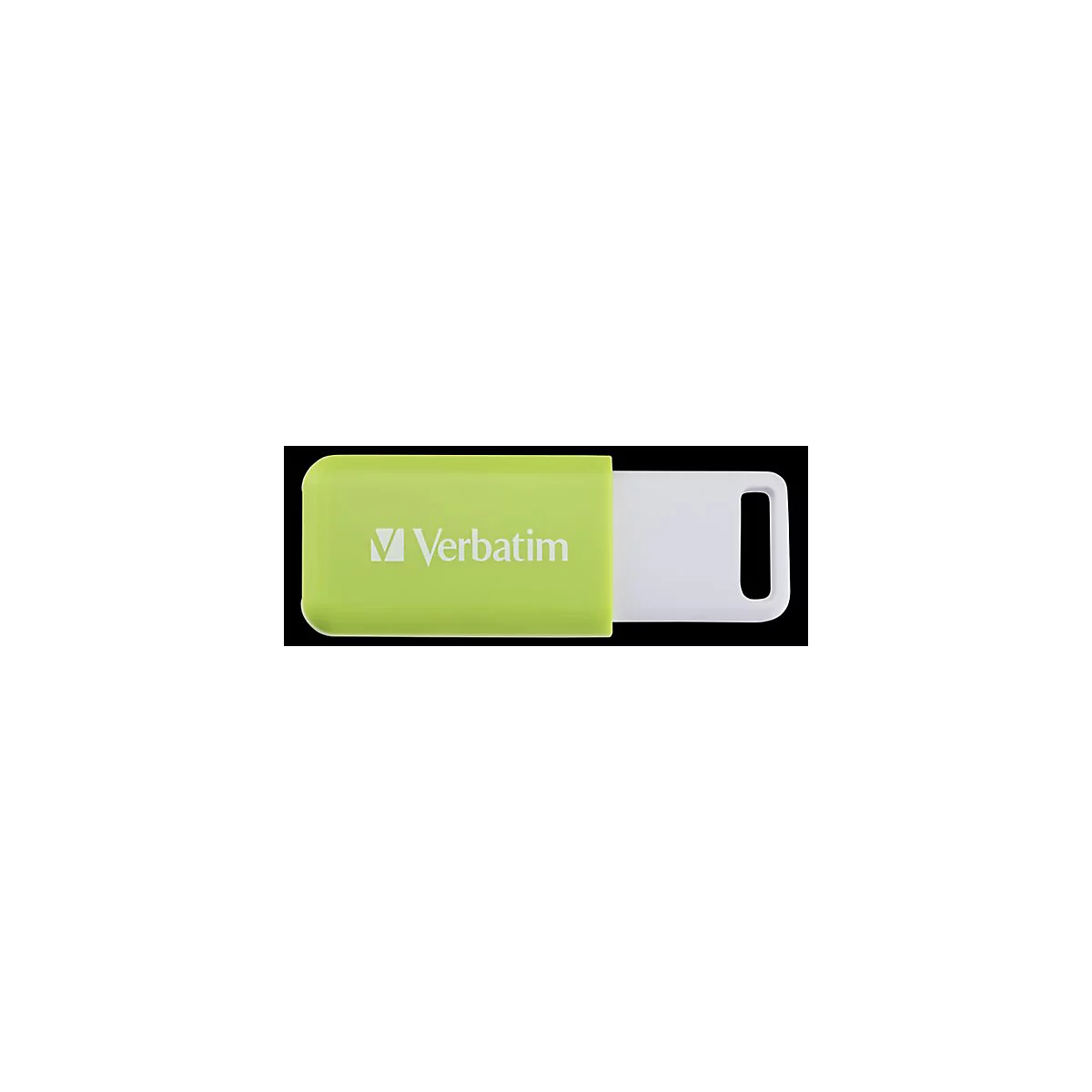 Ein hellgrüner Verbatim USB-Stick mit weißer Schutzkappe vor schwarzem Hintergrund.