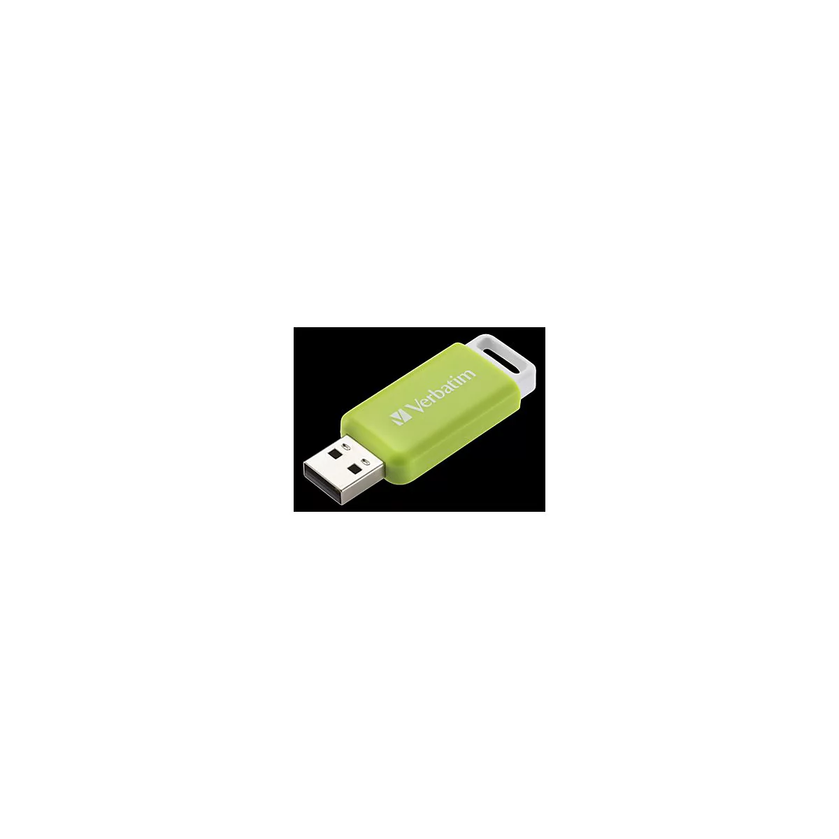 GrÃ¼ner USB-Stick der Marke Verbatim. Auf dem Stick steht in weiÃŸer Schrift der Markenname. Am oberen Ende ist eine weiÃŸe Schlaufe angebracht.