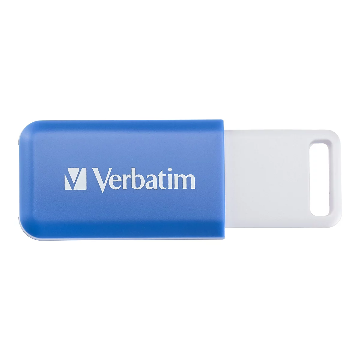 Blauer USB-Stick der Marke Verbatim mit weißer Schutzkappe und Öffnung für Schlüsselanhänger.