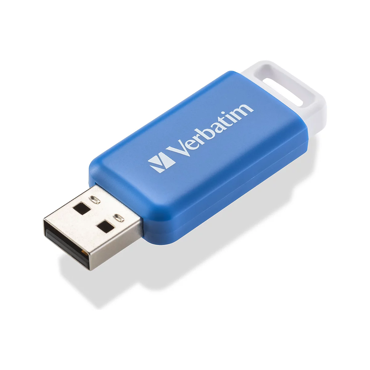 Blauer USB-Stick der Marke Verbatim mit weißer Öse vor weißem Hintergrund.