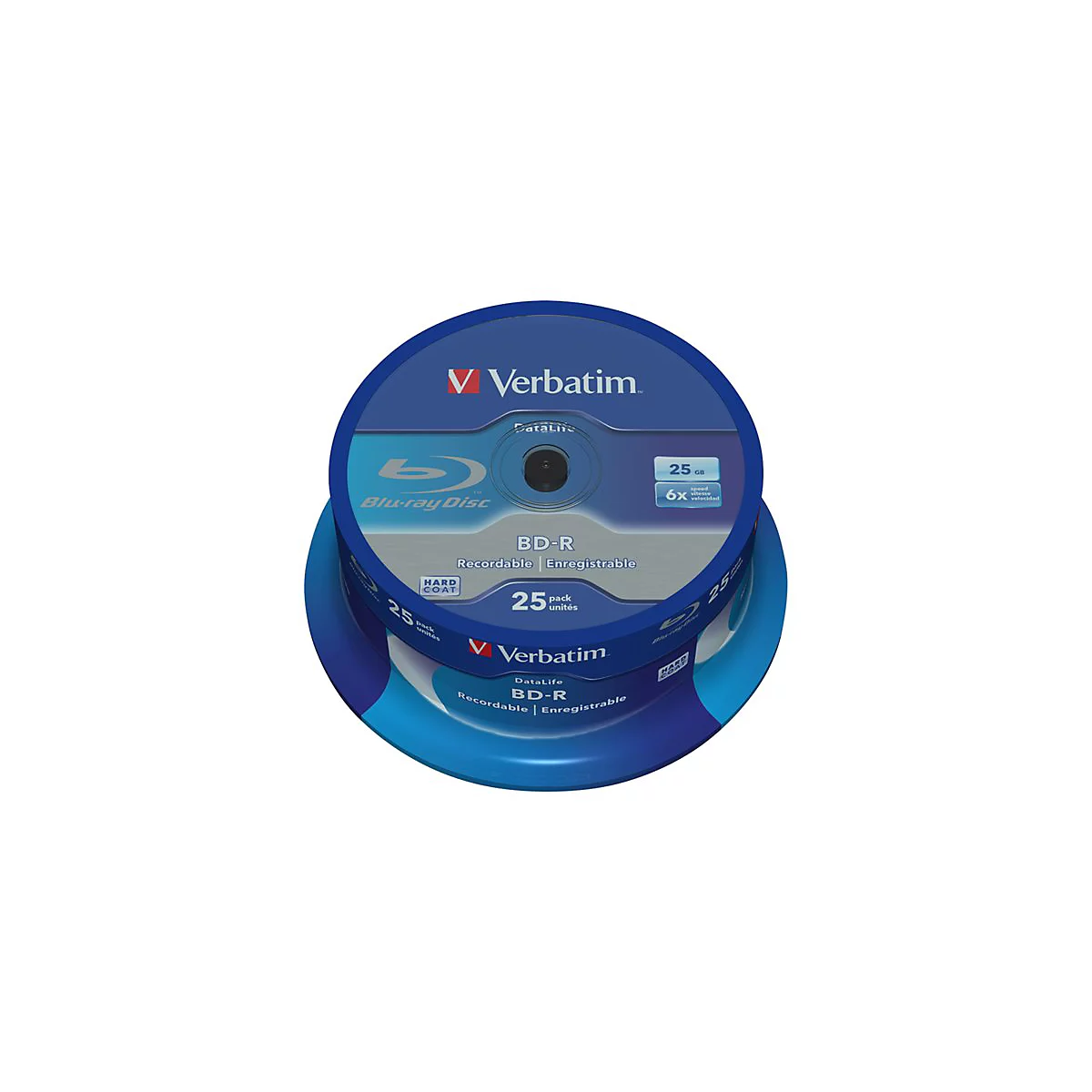 Packung Blu-ray-Discs von Verbatim, blau und weiÃŸ. Aufschrift 'BD-R Recordable'. 25 StÃ¼ck.