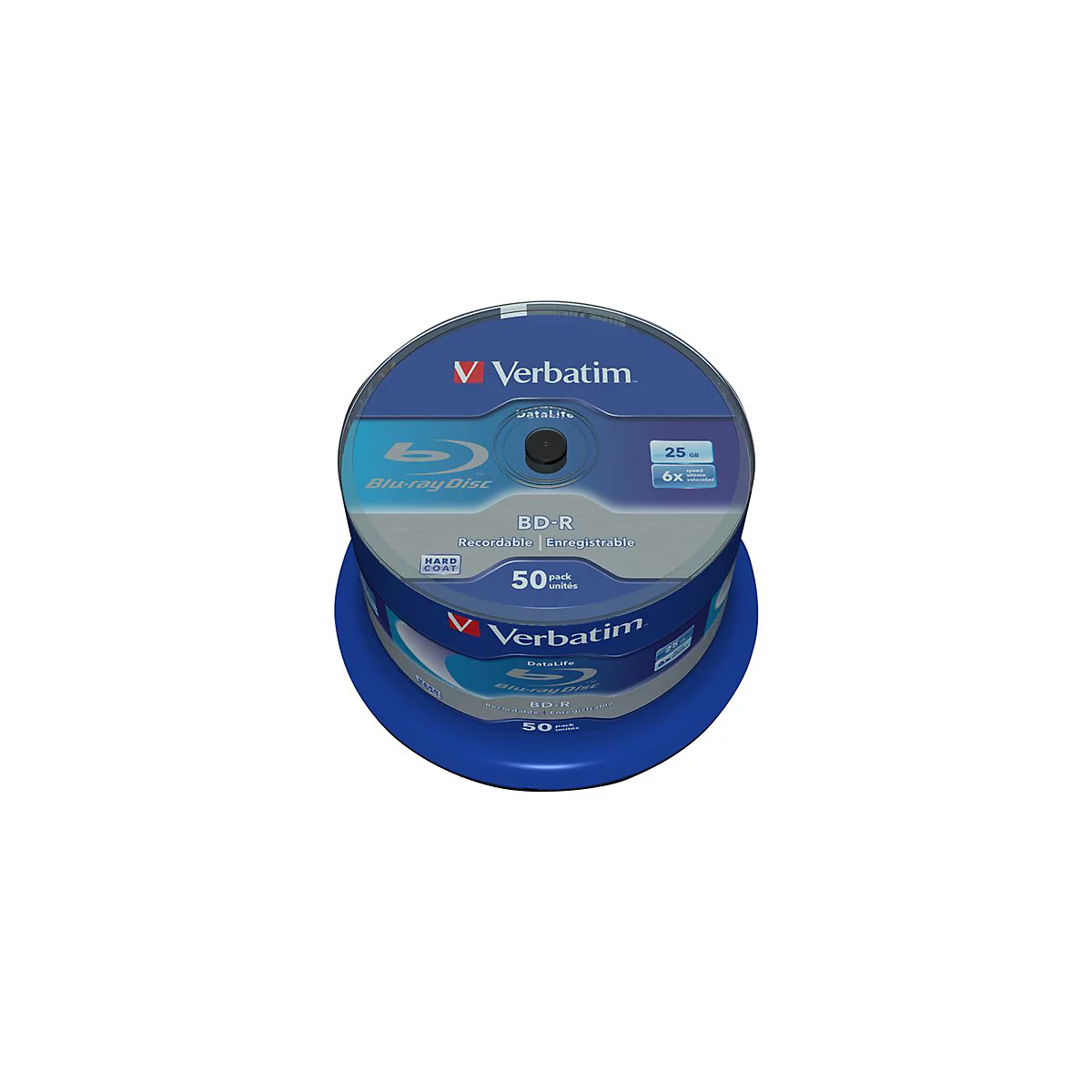 Stapel blauer Verbatim Blu-ray-Discs auf einem blauen Sockel. Aufschrift: BD-R, 50 StÃ¼ck, 25 GB.