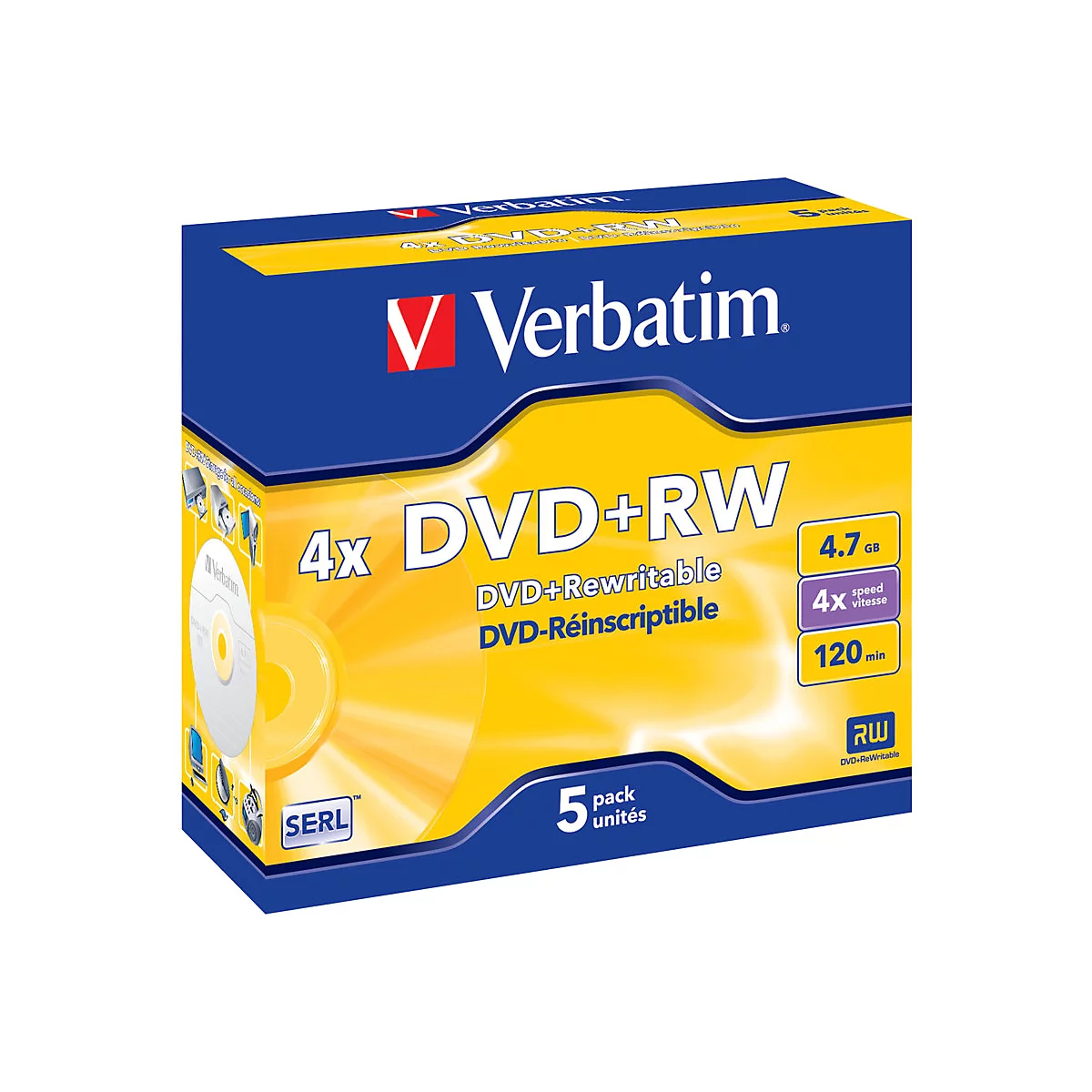 Eine blaue und gelbe DVD-HÃ¼lle mit dem Verbatim-Logo und der Aufschrift 4x DVD+RW.