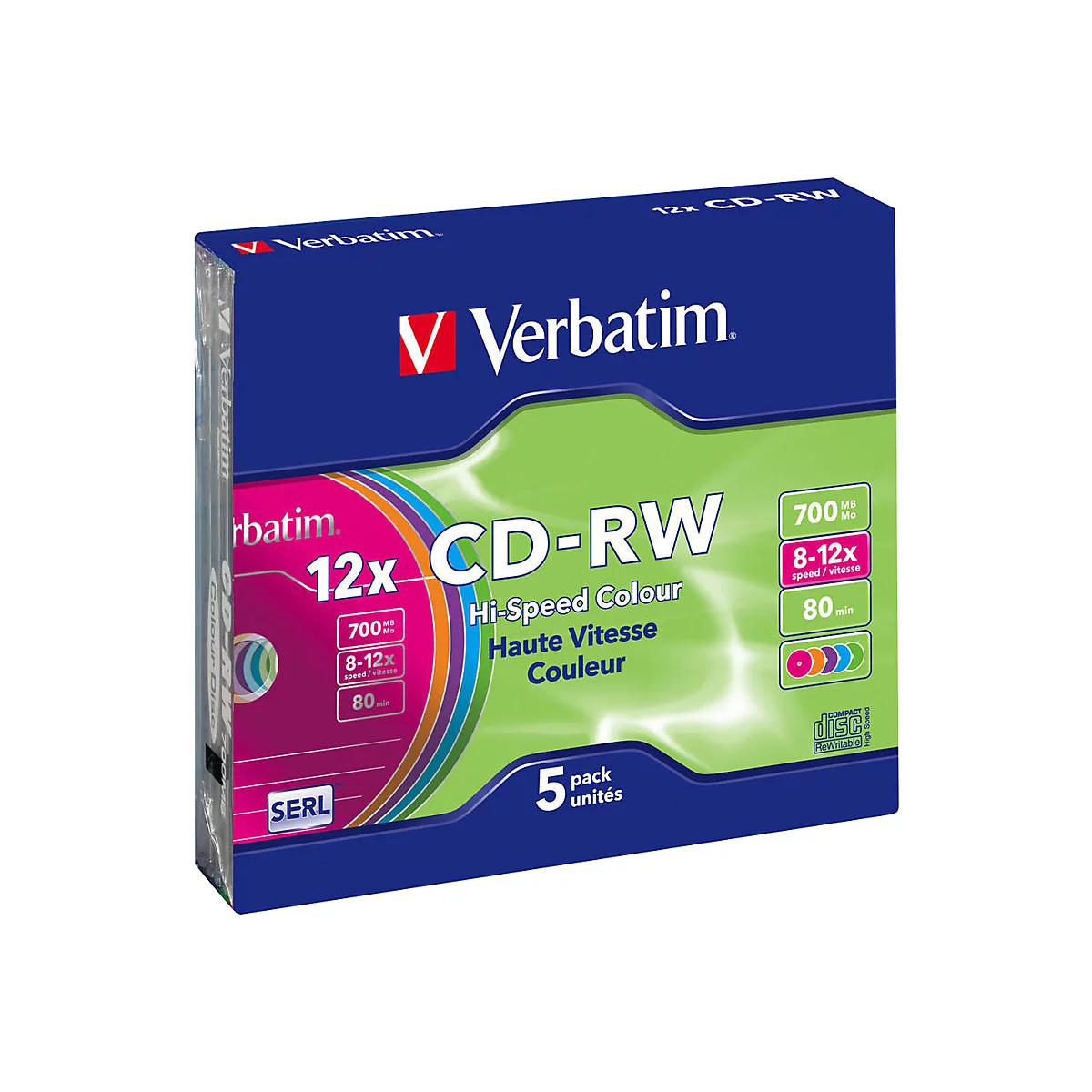 Verbatim DataLifePlus Hi-Speed - 5 x CD-RW - 700 MB (80 Min) 8x - 12x - Slim Jewel Case