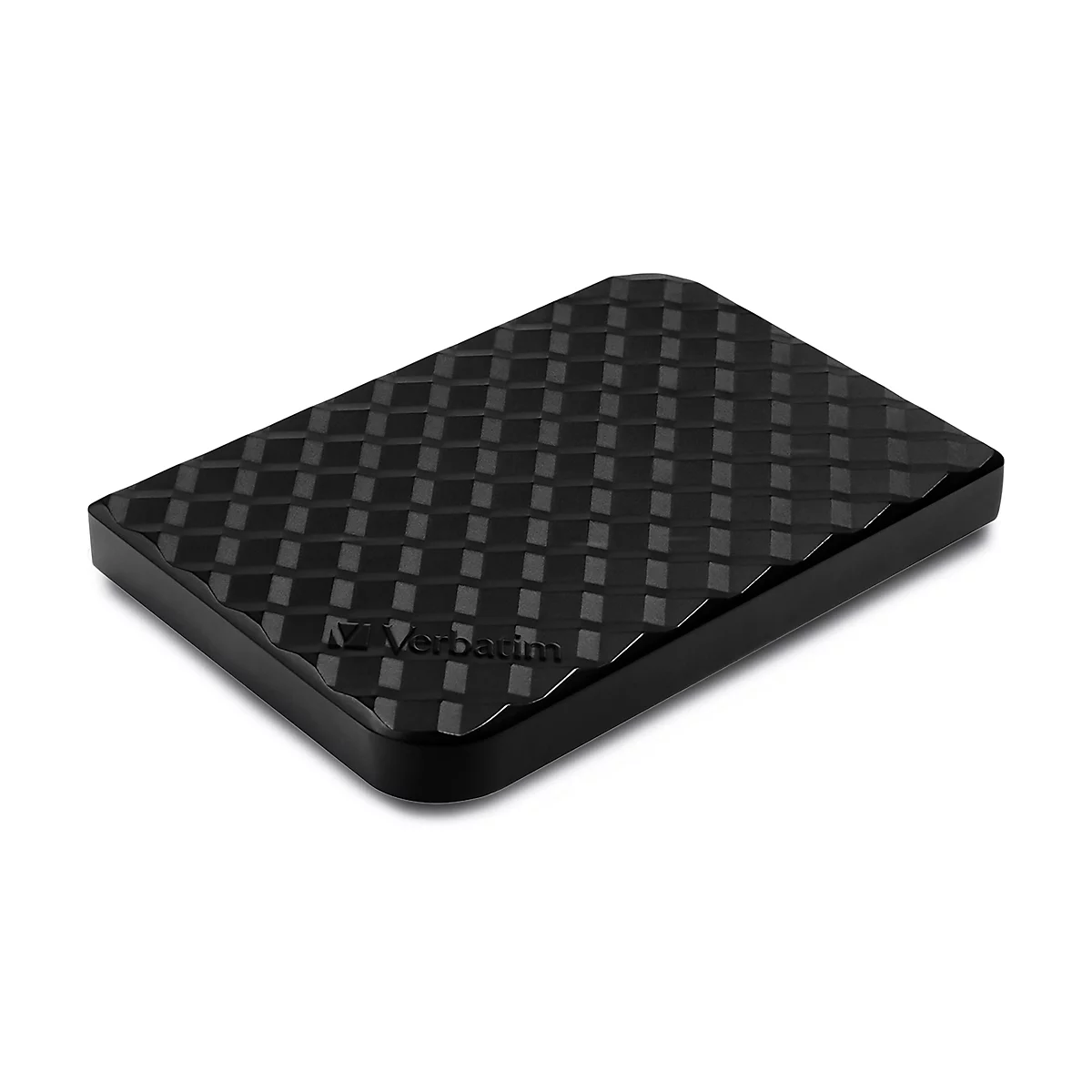Disque dur externe noir avec une surface texturée et le logo Verbatim.