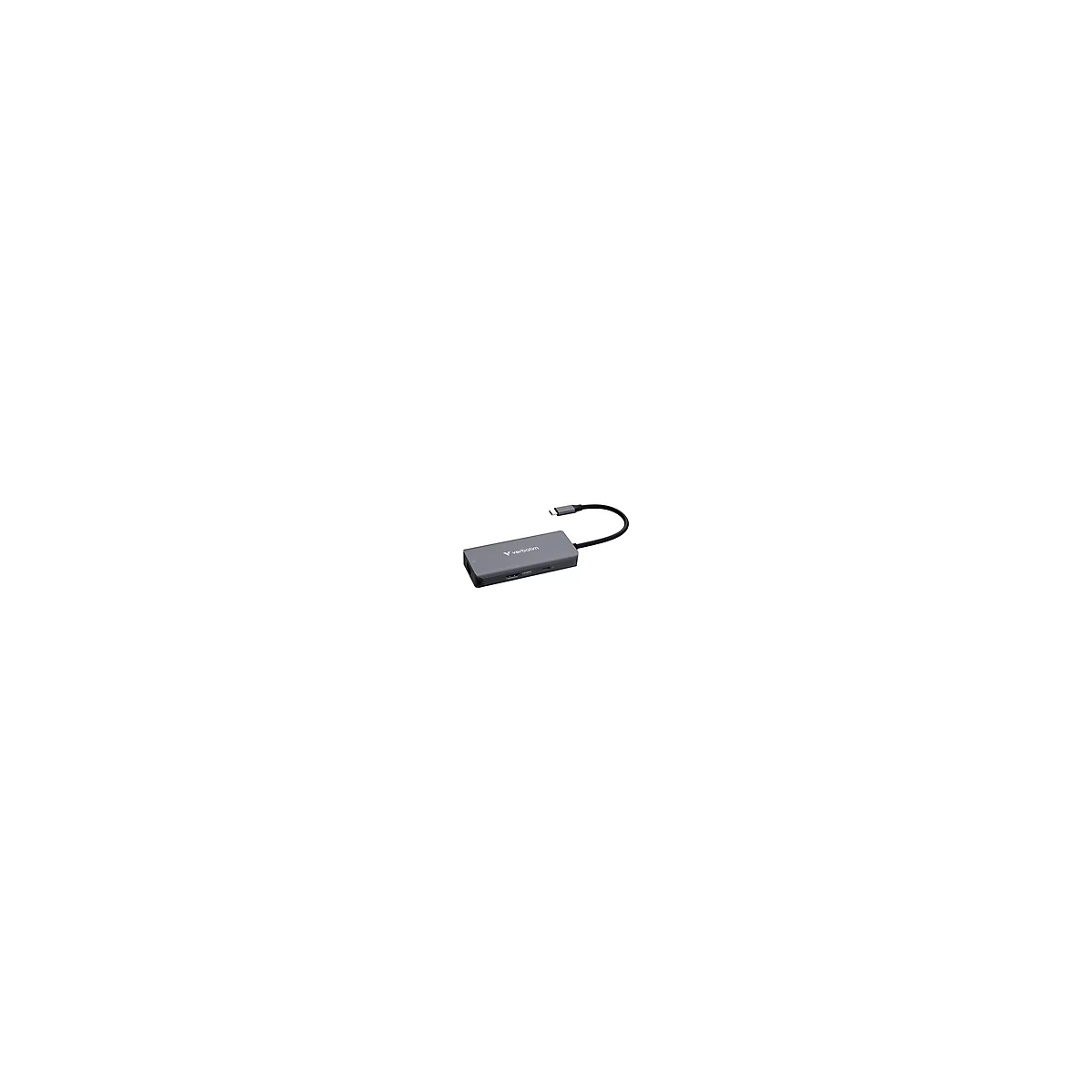 Grauer USB-C-Hub mit Kabel und verschiedenen Anschlüssen, Verbatim Logo.