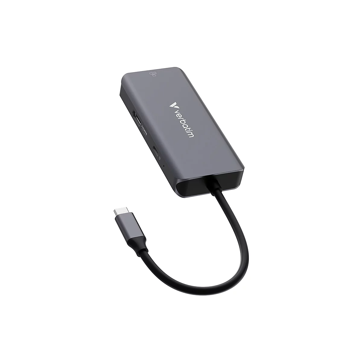 Grauer USB-C-Multiport-Adapter von Verbatim mit Kabel und verschiedenen Anschlüssen auf weißem Grund.