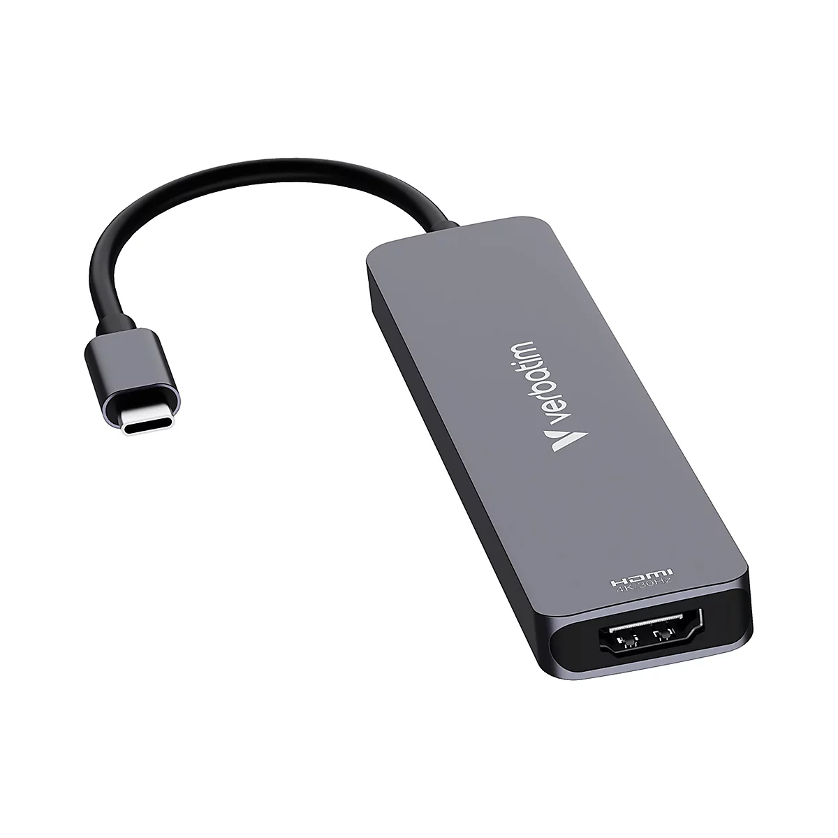 Grauer USB-C auf HDMI-Adapter von Verbatim mit kurzem Kabel vor weißem Hintergrund.