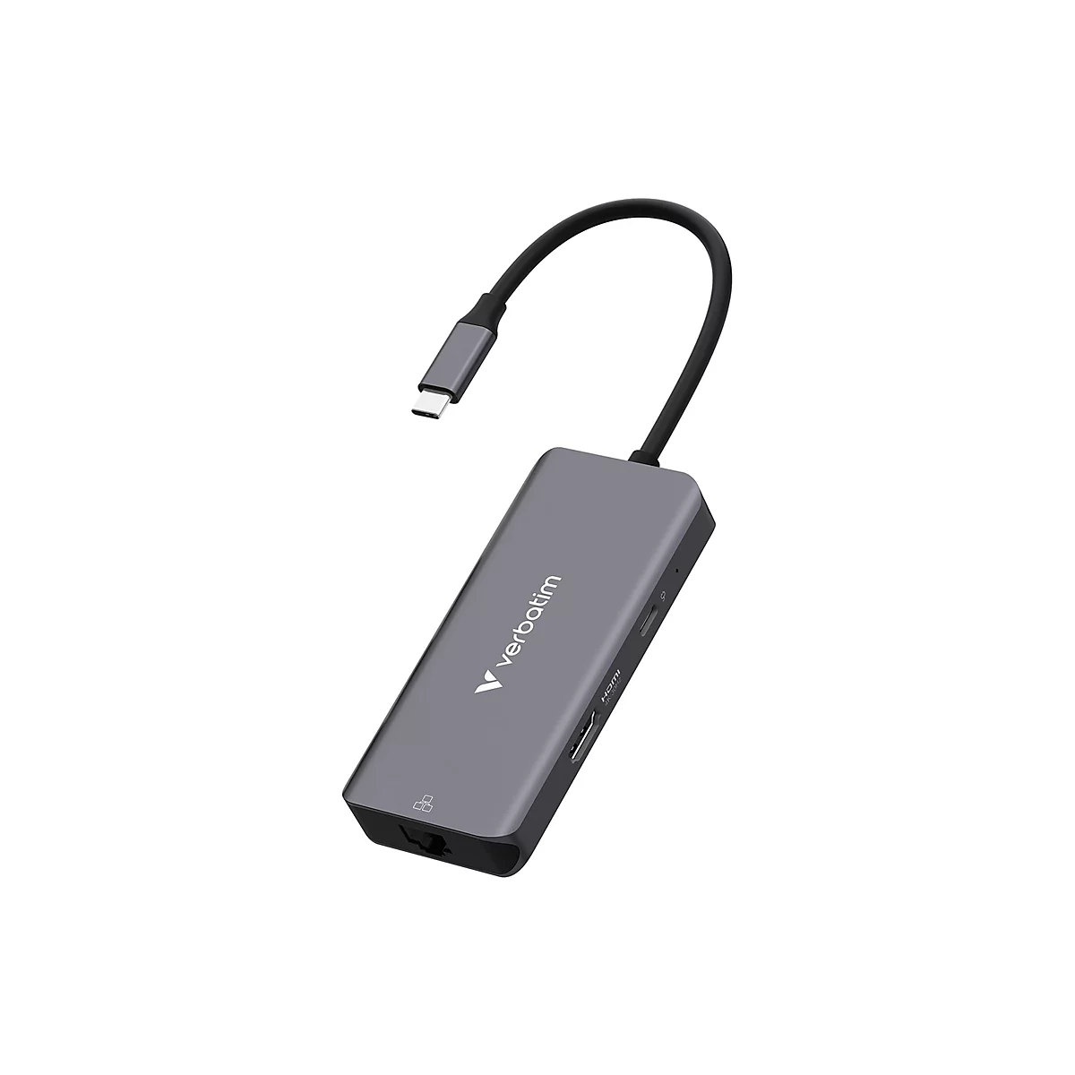 Grauer Verbatim USB-C-Hub mit mehreren Anschlüssen vor weißem Hintergrund.