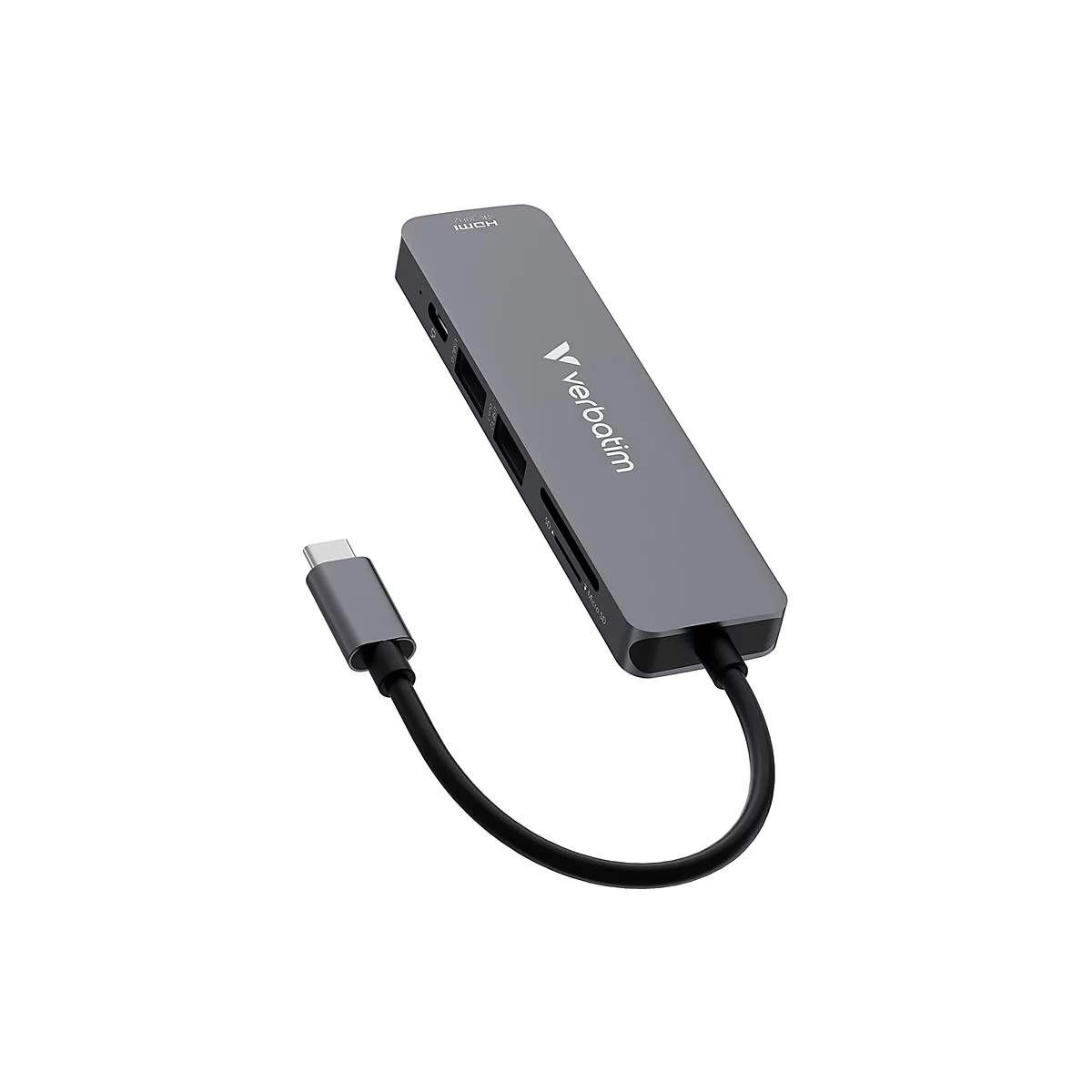 Grauer USB-C-Multiport-Hub von Verbatim mit HDMI-, USB- und Kartenleser-Anschlüssen vor weißem Hintergrund.