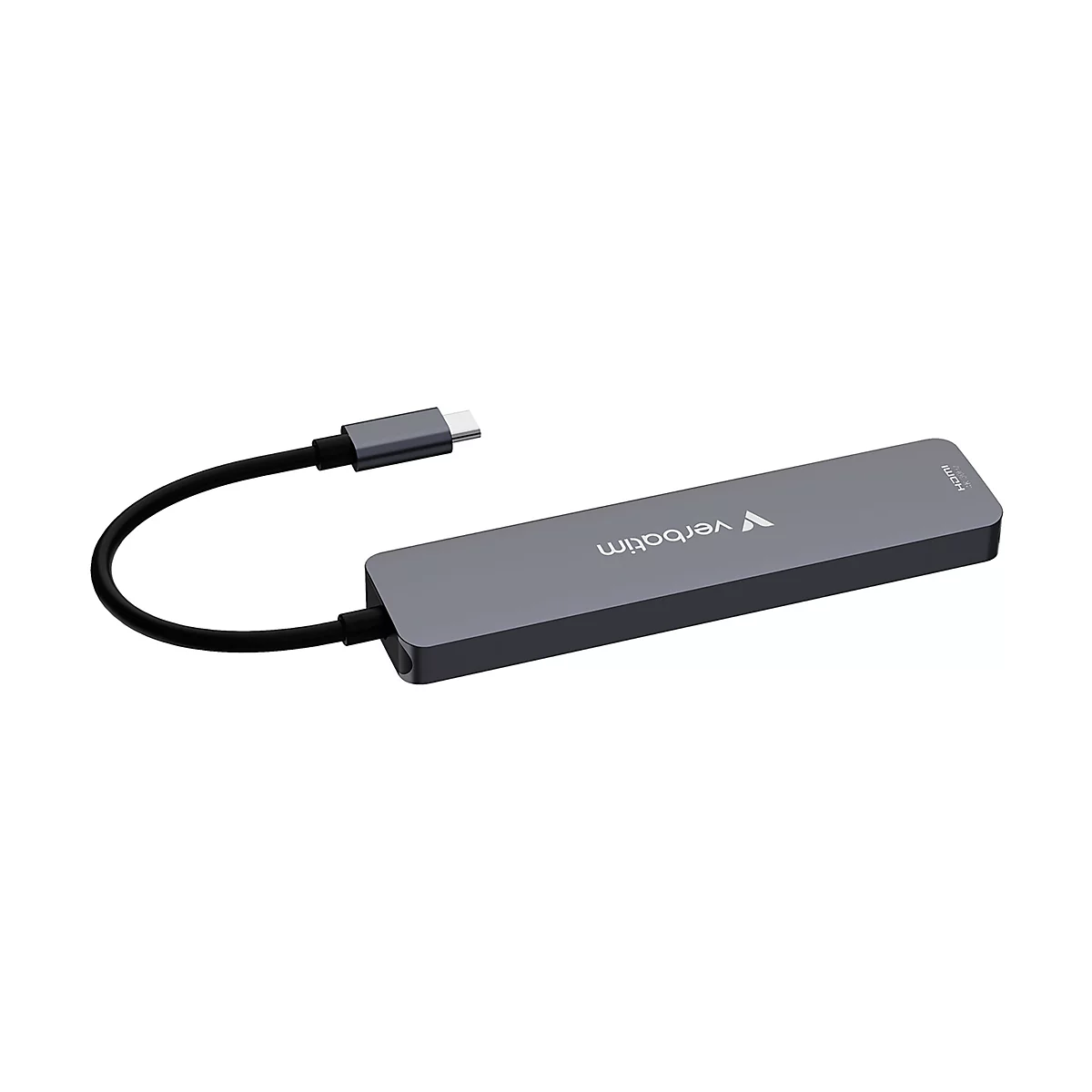 Grauer USB-C-Hub von Verbatim mit kurzem Kabel und USB-C-Stecker vor weißem Hintergrund.