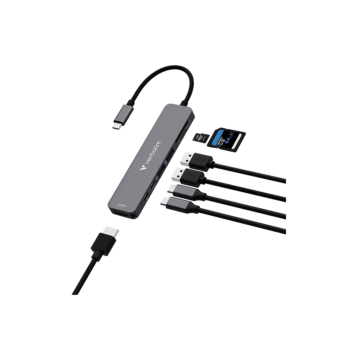 Grauer Verbatim USB-C Hub mit verschiedenen angeschlossenen Kabeln und Speicherkarten auf weißem Hintergrund.