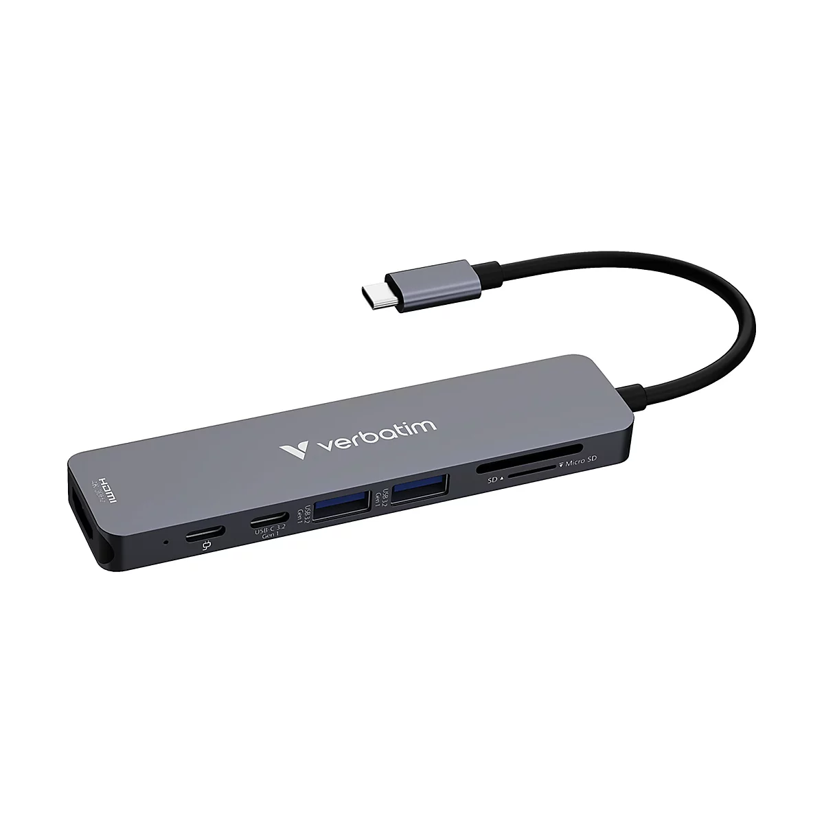 Grauer Verbatim USB-C-Hub mit mehreren Anschlüssen, darunter HDMI, USB-C, USB-A und SD-Karten-Slots.