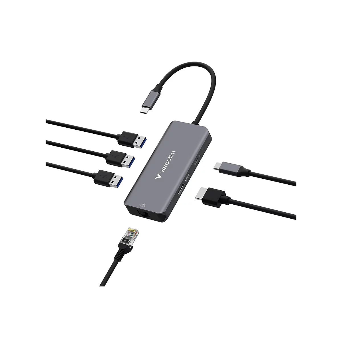Grauer Verbatim USB-C Hub mit angeschlossenen Kabeln und verschiedenen Anschlüssen auf weißem Grund.