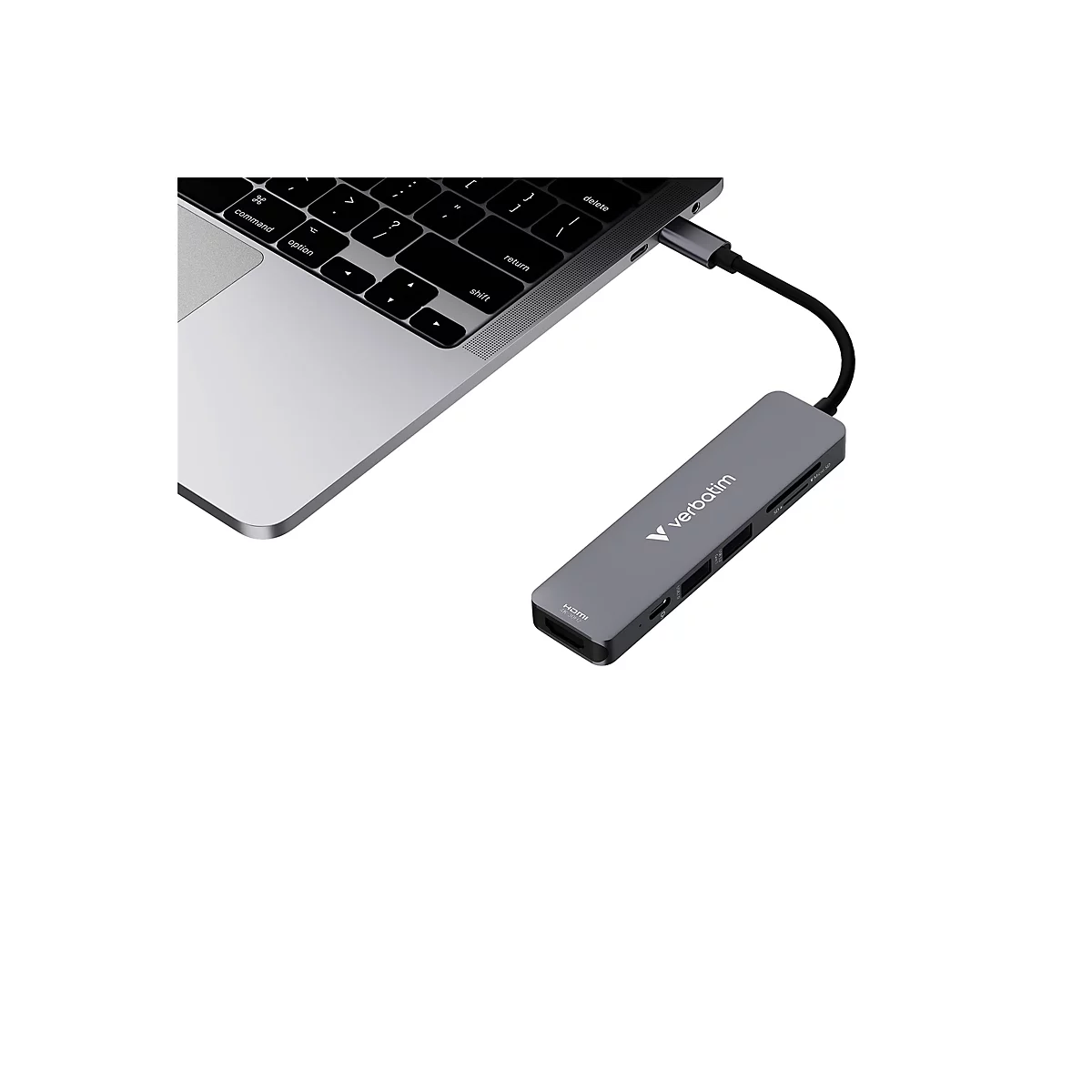 Ein grauer Verbatim USB-C-Hub ist an ein silbernes Laptop angeschlossen.