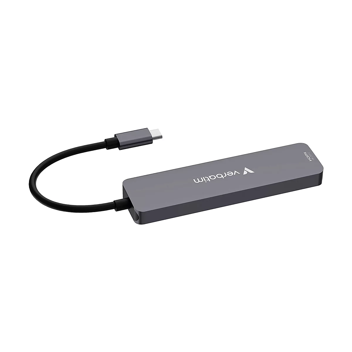 Grauer Verbatim USB-C auf HDMI-Adapter vor weißem Hintergrund.