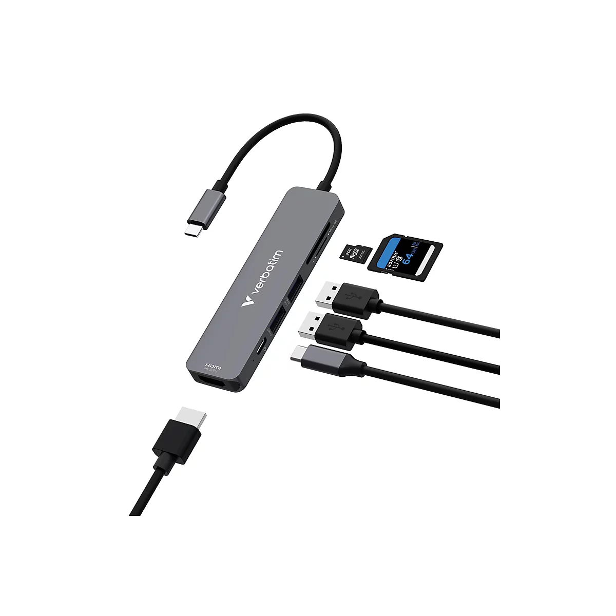 Grauer Verbatim USB-C Hub mit verschiedenen angeschlossenen Kabeln, SD- und Micro-SD-Karten auf weißem Hintergrund.