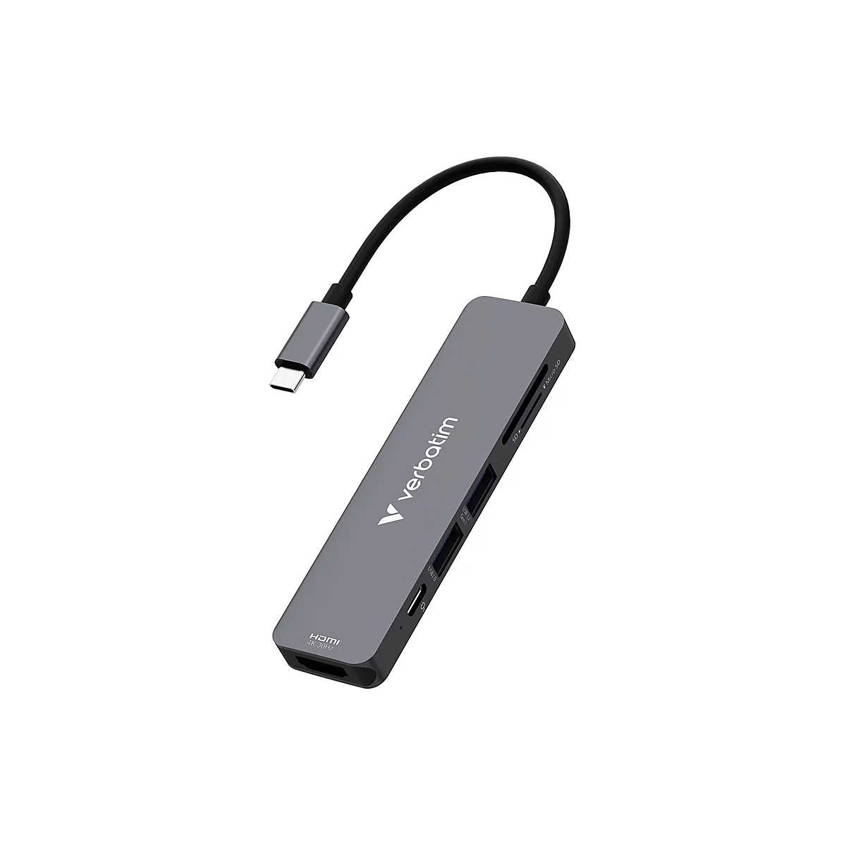Grauer Verbatim USB-C-Hub mit mehreren Anschlüssen vor weißem Hintergrund.