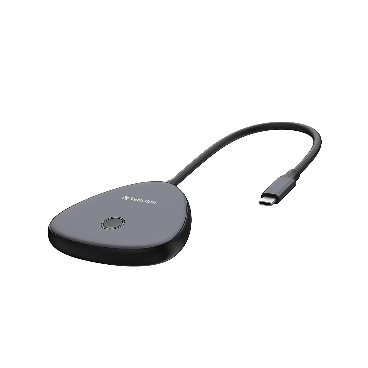 Tropfenförmiger, grauer USB-C-Adapter mit mittigem Button vor weißem Hintergrund.