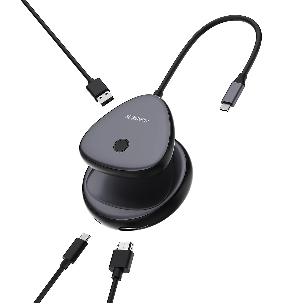 Ein dunkelgrauer USB-C-Hub mit zwei Ebenen und angeschlossenen schwarzen Kabeln vor weißem Hintergrund.