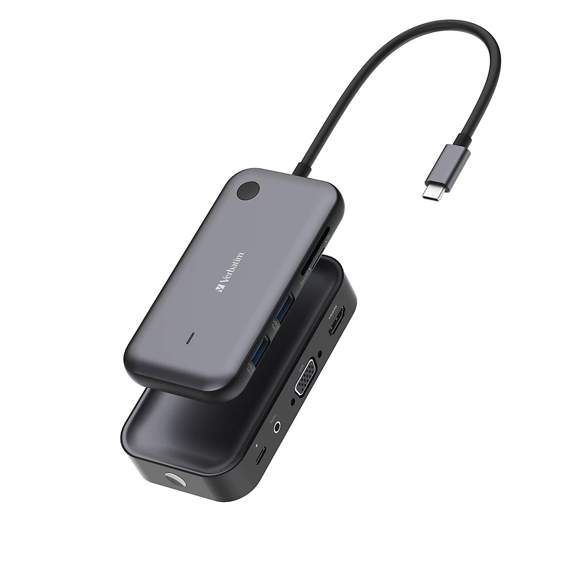 Dunkelgrauer USB-C-Hub mit abnehmbarem Deckel vor weißem Hintergrund.