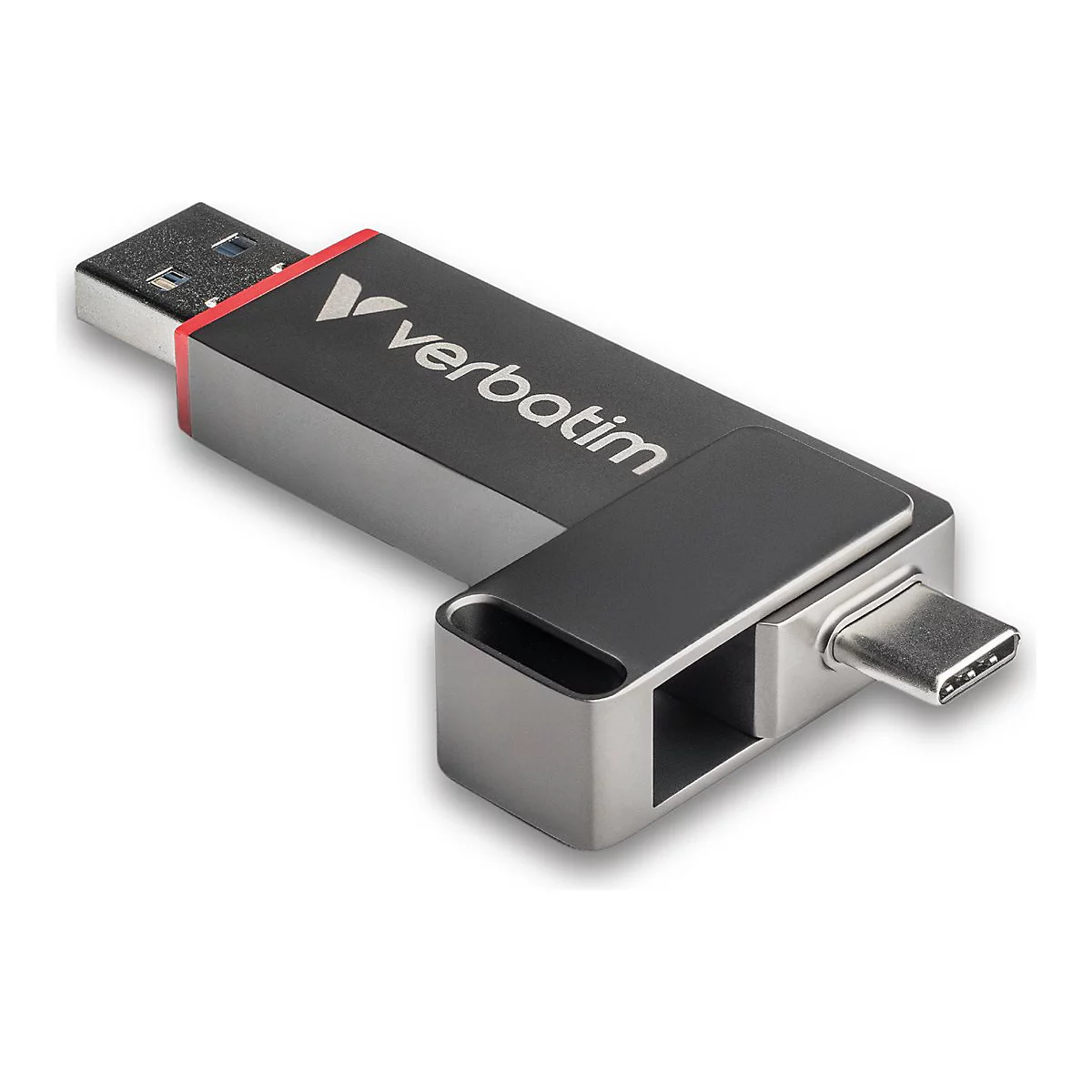 Ein grauer USB-Stick mit USB-A- und USB-C-Anschlüssen. Der Stick hat das Logo von Verbatim.