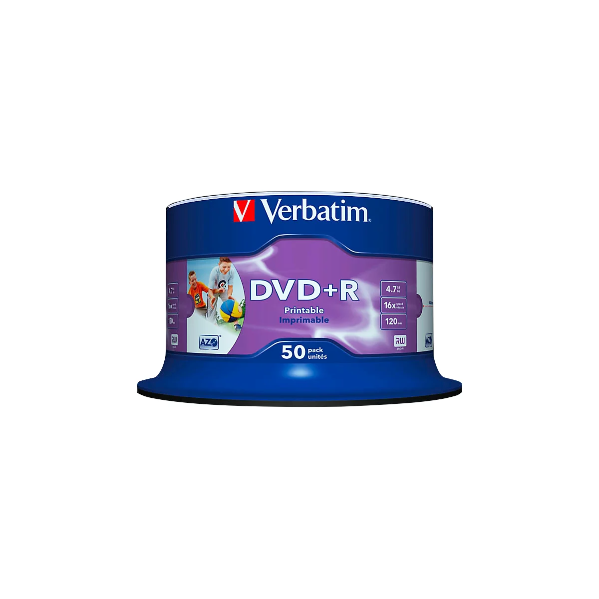 Verbatim DVD+R AZO Wide inkjet printable, capaciteit 4,7 GB, spindel met 50 stuks