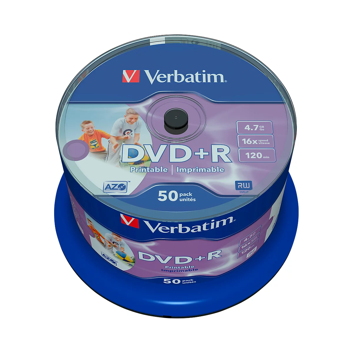 Verbatim DVD+R AZO Wide inkjet printable, capaciteit 4,7 GB, spindel met 50 stuks